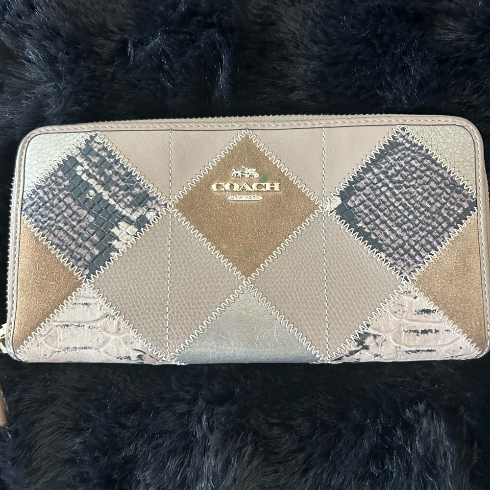 Coach Women's Metallic Patchwork Wallet - Silver and Brown with tan tones.